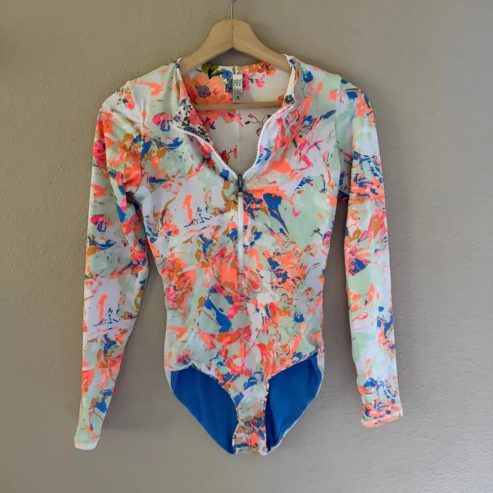 Maaji Floral Long-Sleeve One-Piece Swimsuit in Peach, Blue & White